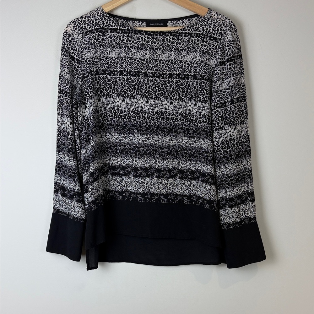 Club Monaco Black and White Patterned Silk Blouse Medium